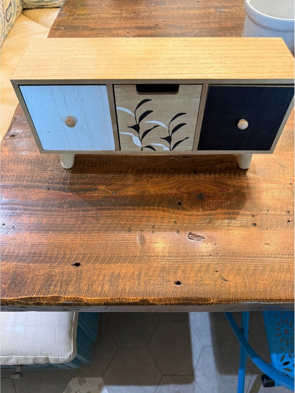 Wooden Decorative Jewelry Box with 3 Drawers and Leaf Motif